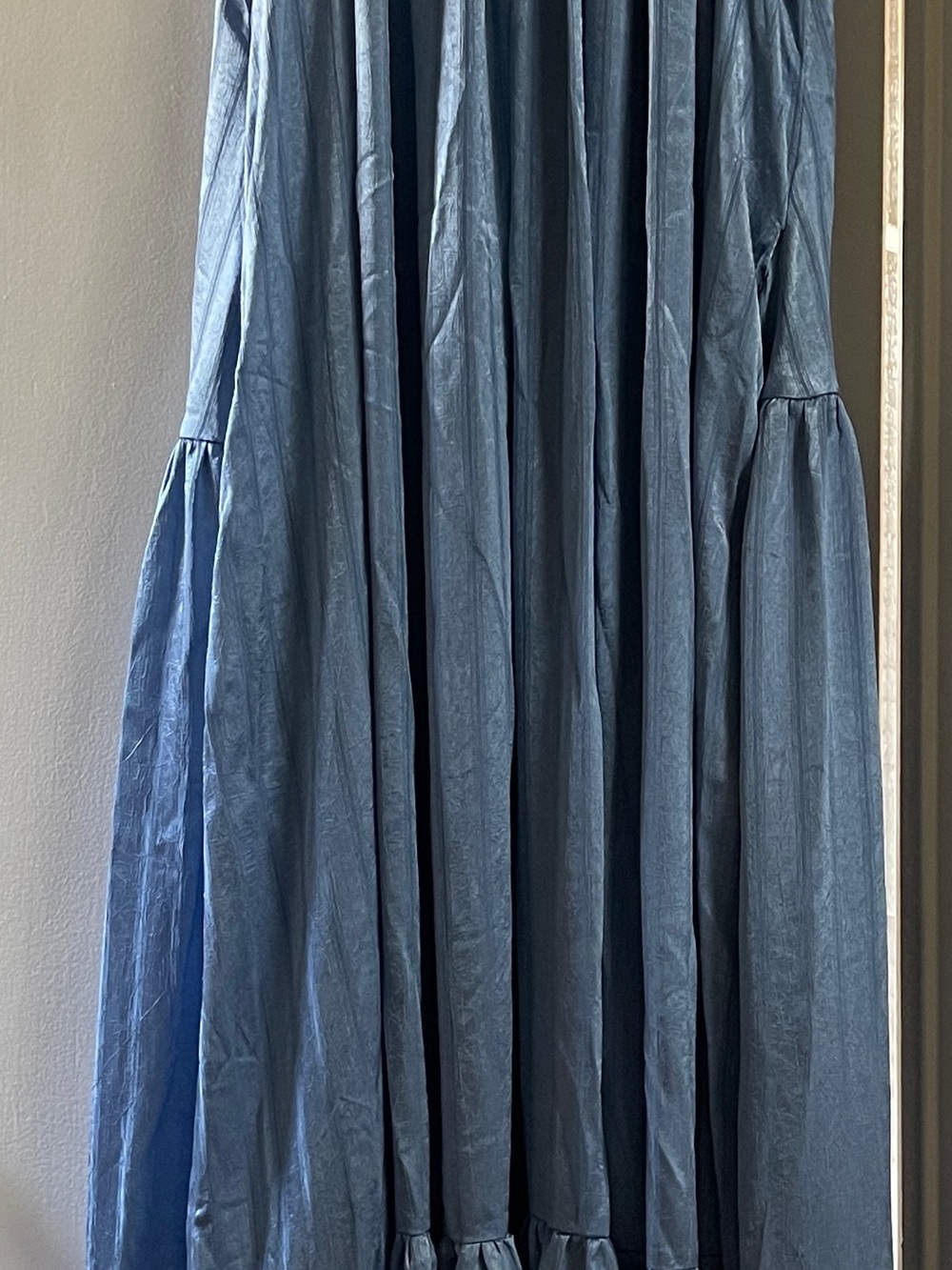 TOV Los Angeles Steel Blue Tiered Maxi Dress, plunging Back